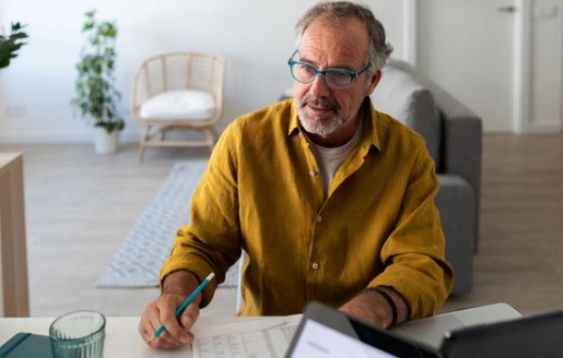Femme en pull jaune souriant lors d’une réunion, devant un ordinateur.
