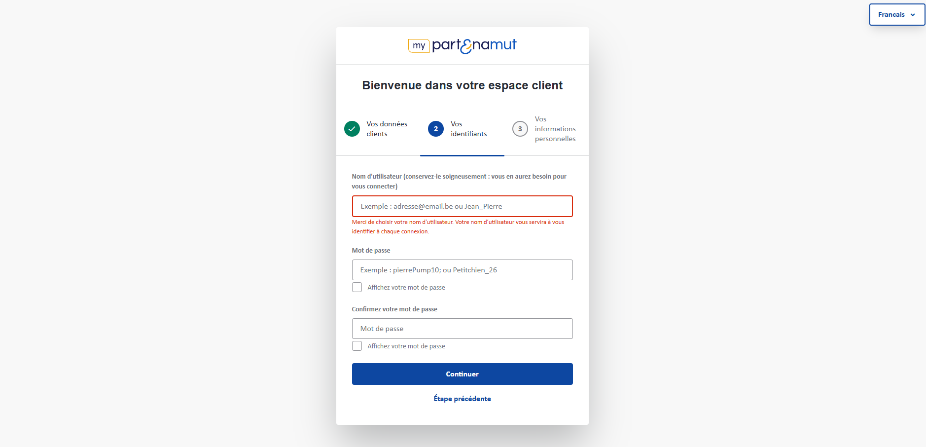 Indiquez votre nom d'utilisateur. Il vous servira à vous identifier à chaque connexion.