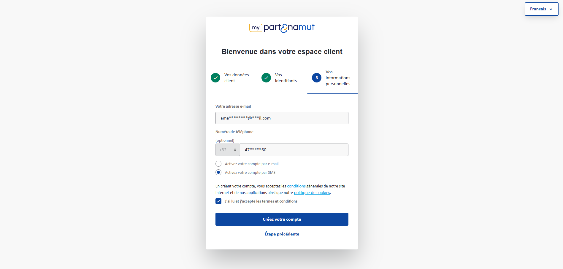 Sélectionnez une option de confirmation pour activer votre compte.