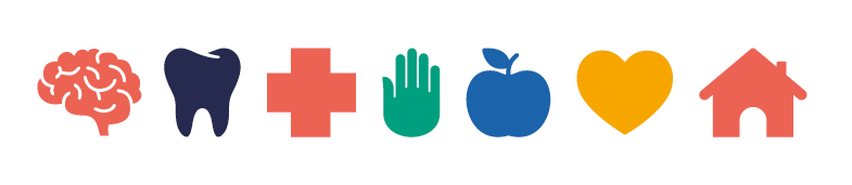 7 pictogrammes : un cerveau, une dent, une croix, une main, une pomme, un cœur, une maison.