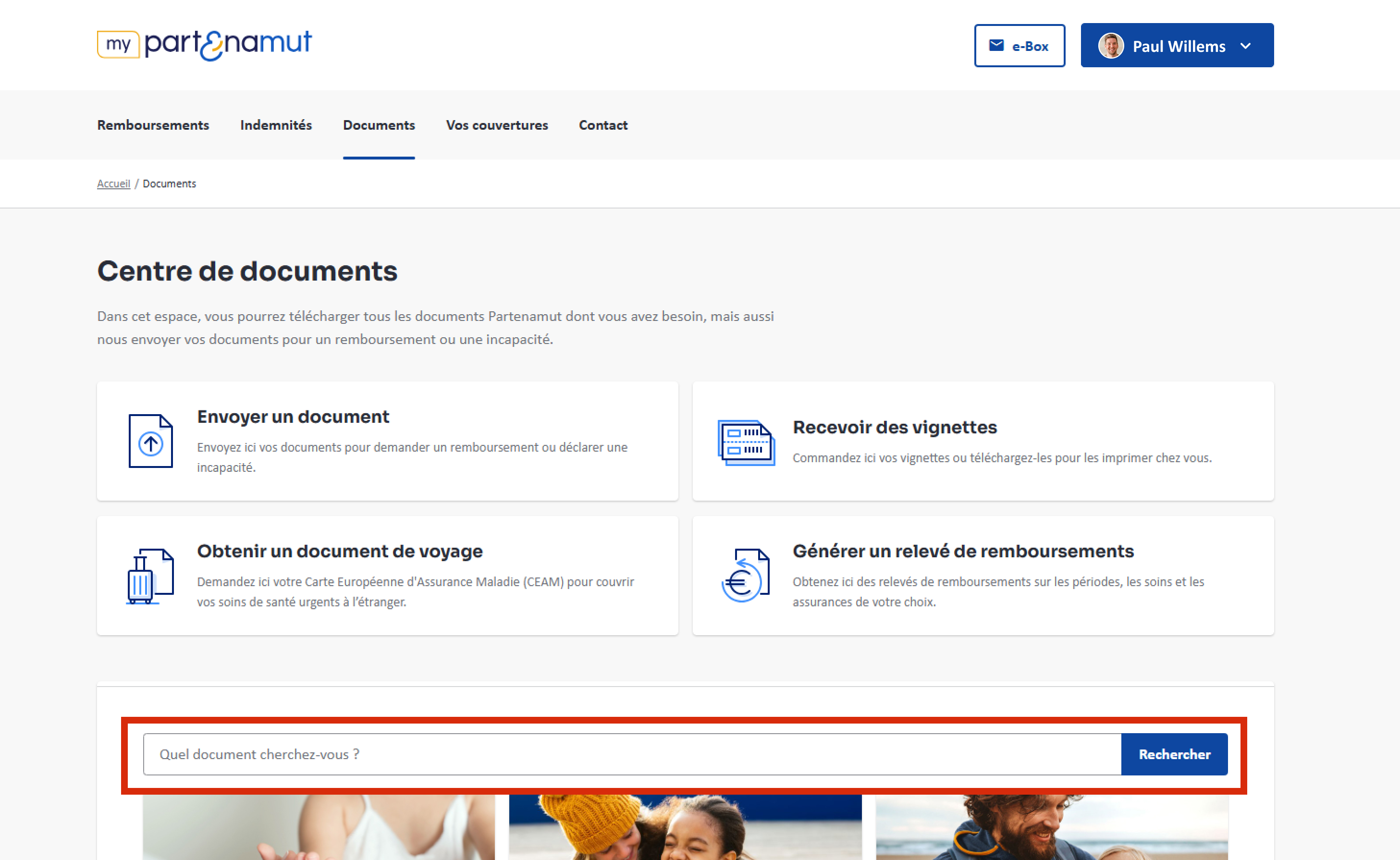 Capture d'écran de la page Documents avec la barre de recherche entourée.