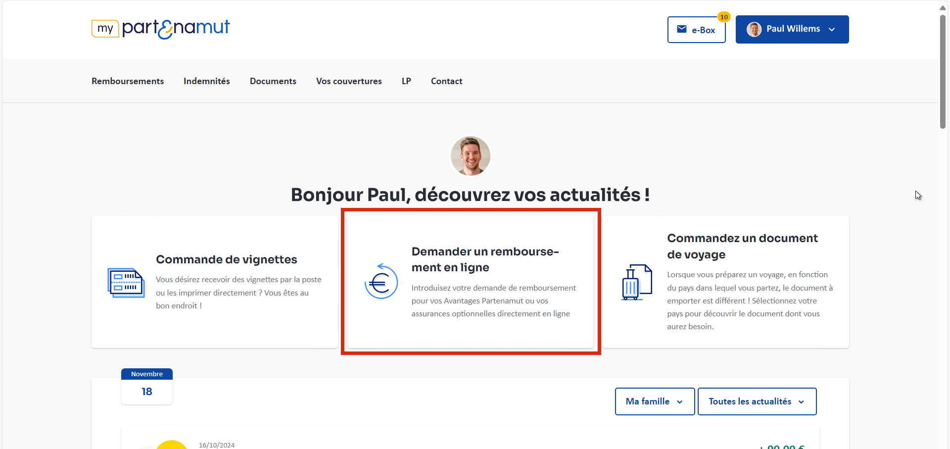 Capture d'écran de la page d'accueil de My Partenamut avec l'encadré surligné.