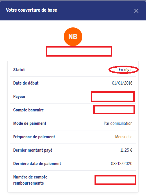 Capture d'écran de la fenêtre qui apparait en cliquant sur le bouton. Le statut est entouré.