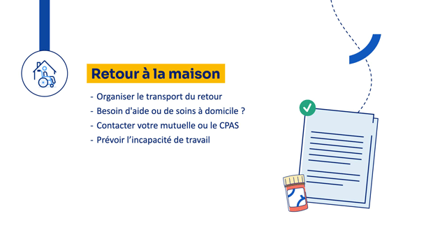 Frise illustrant les démarches à prévoir au retour à la maison.