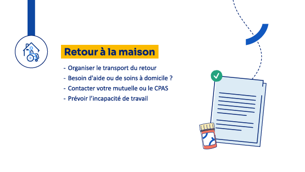 Frise illustrant les démarches à prévoir au retour à la maison.