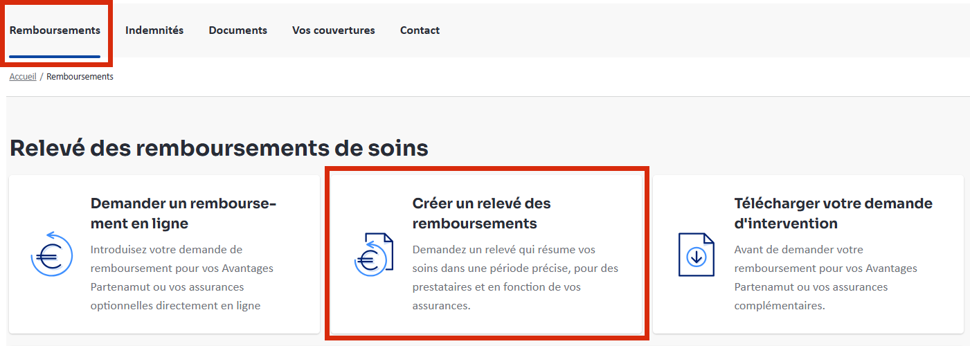 Capture d'écran de la page Remboursements. Les zones où cliquer sont surlignées.