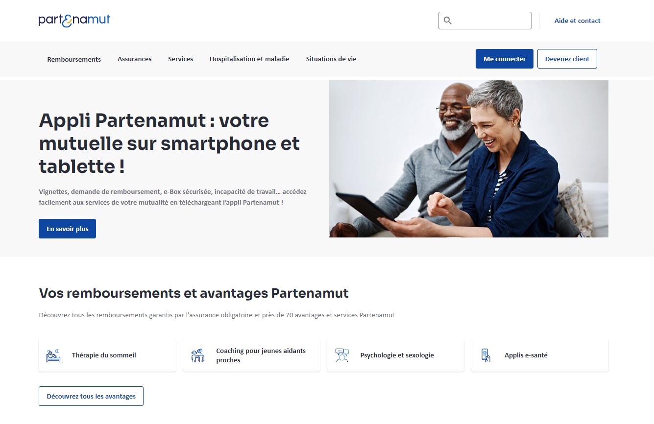 Capture d'écran de la page d'accueil du site général de Partenamut.