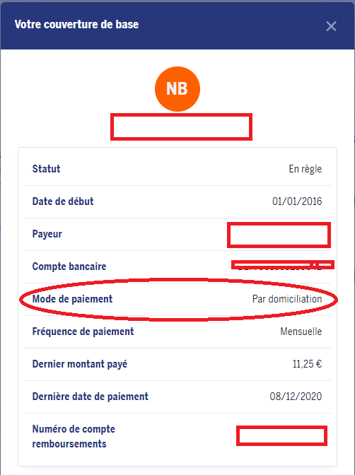 Capture d'écran de la fenêtre qui apparait en cliquant sur le bouton. Mode de paiement est entouré.