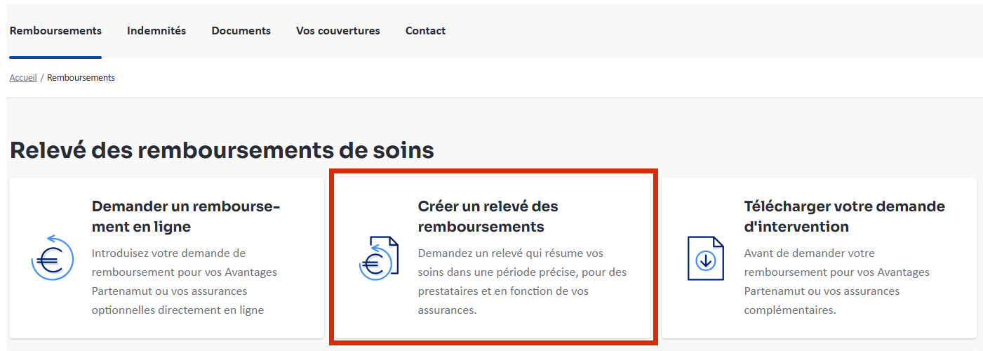 Capture d'écran de la rubrique Relevé des remboursements de soins. La zone où cliquer est surlignée.