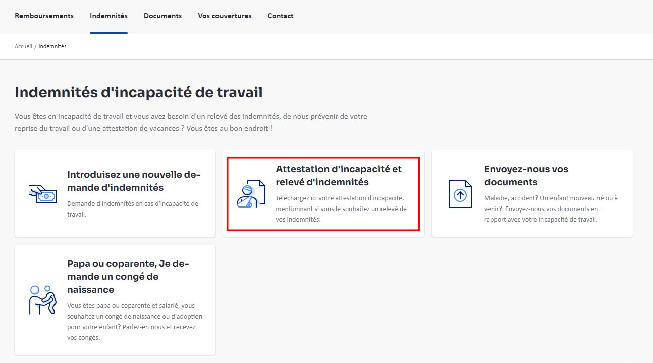 Capture d’écran de la page Indemnités d'incapacité de travail. La zone où cliquer est surlignée.