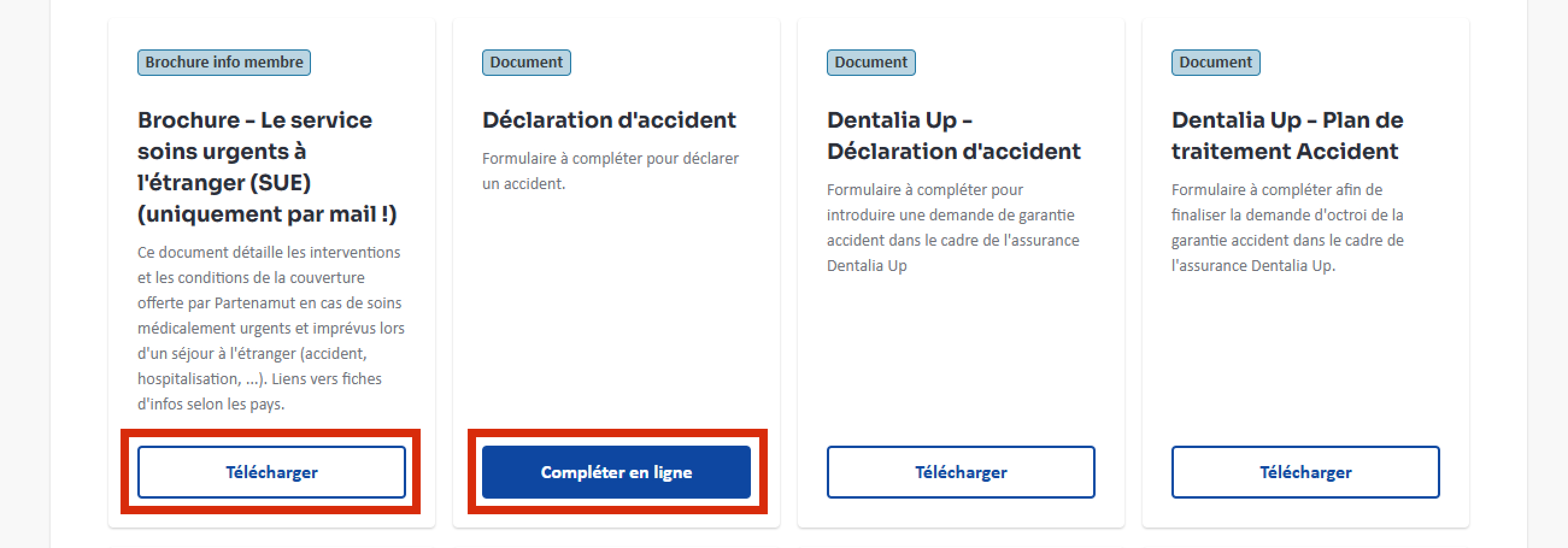 Capture d'écran de la page thématique accident. Les boutons correspondants sont entourés.