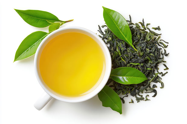 Feuilles et tasse de thé vert – généré à l’aide de l’IA