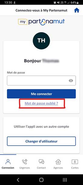 Capture d'écran de la page de connection dans l'app. Mot de passe oublié est entouré.
