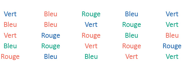Les mots vert, rouge et bleu sont écrits plusieurs fois dans des couleurs différentes.