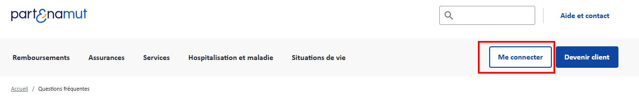 Capture d'écran de la barre de navigation sur My Partenamut. Le bouton me connecter est entouré.
