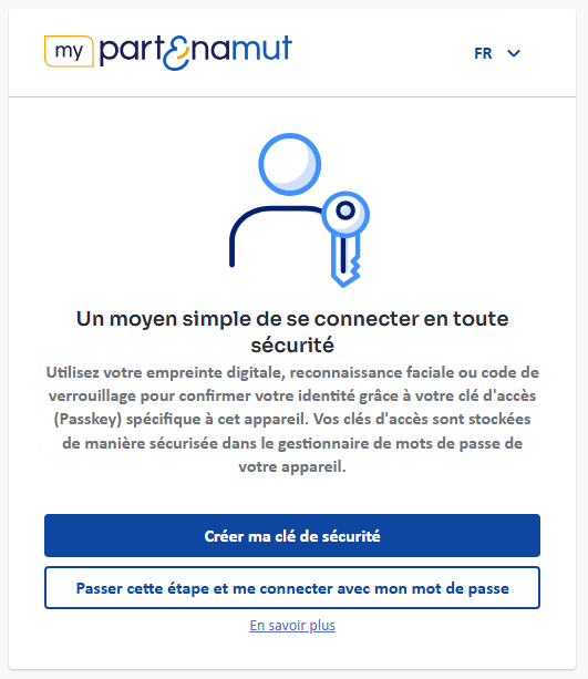 écran où vous pouvez cliquer sur le bouton « créer ma clé de sécurité »