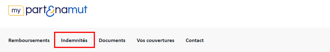 Capture d'écran de la barre de menu de My Partenamut. L'onglet indemnités est entouré.